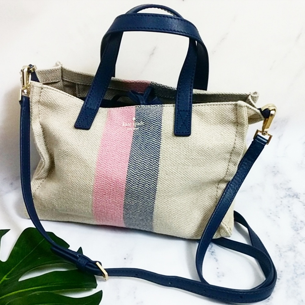 Kate Spade Canvas Fabric Pink Navy Striped Satchel